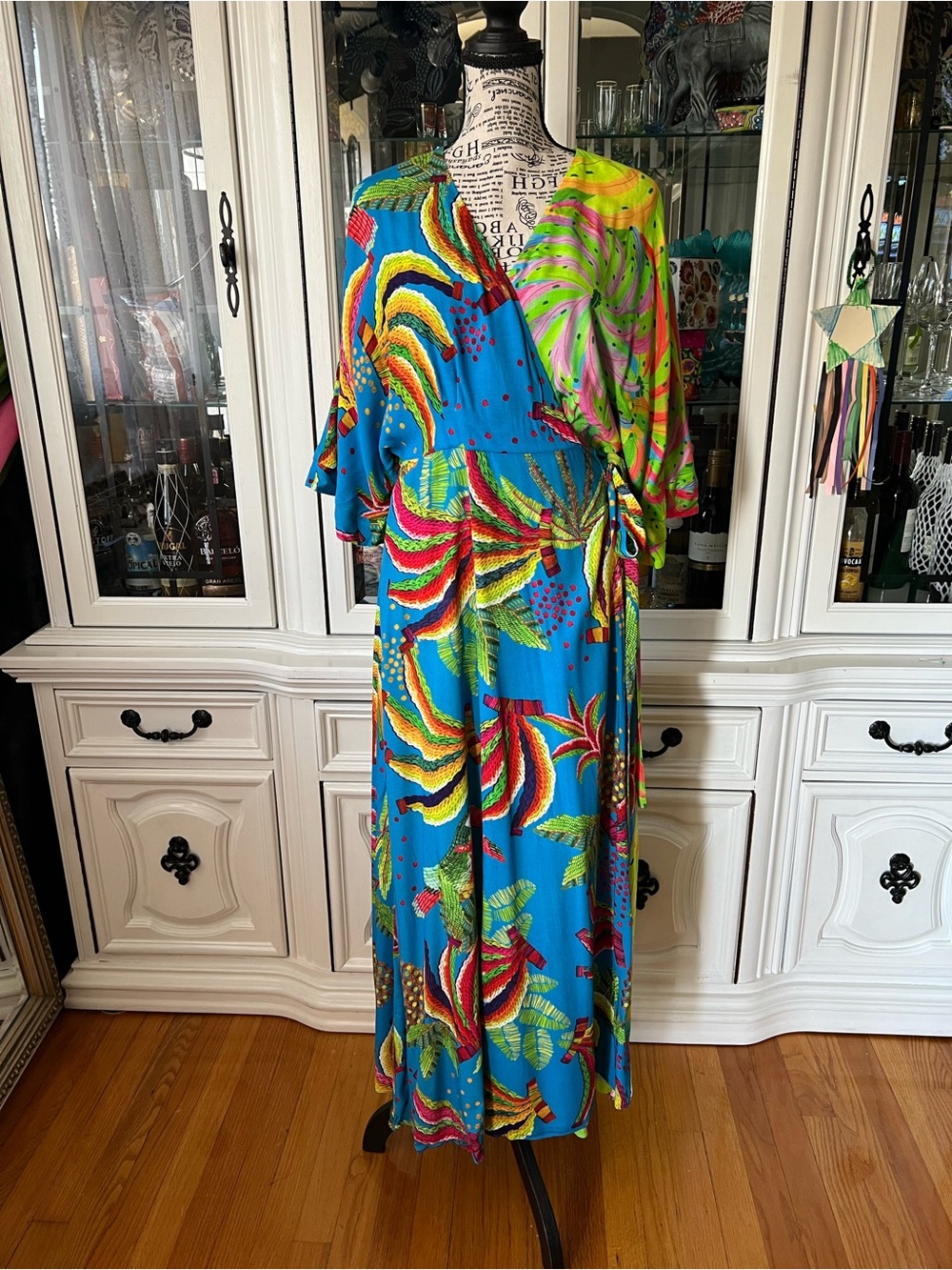 FARM Rio Blue Tropical Banana Print Wrap Maxi Dress S